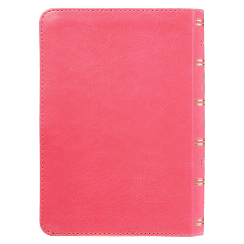 Pink faux leather compact King James Version Bible with large print text and gold foil accent on spine