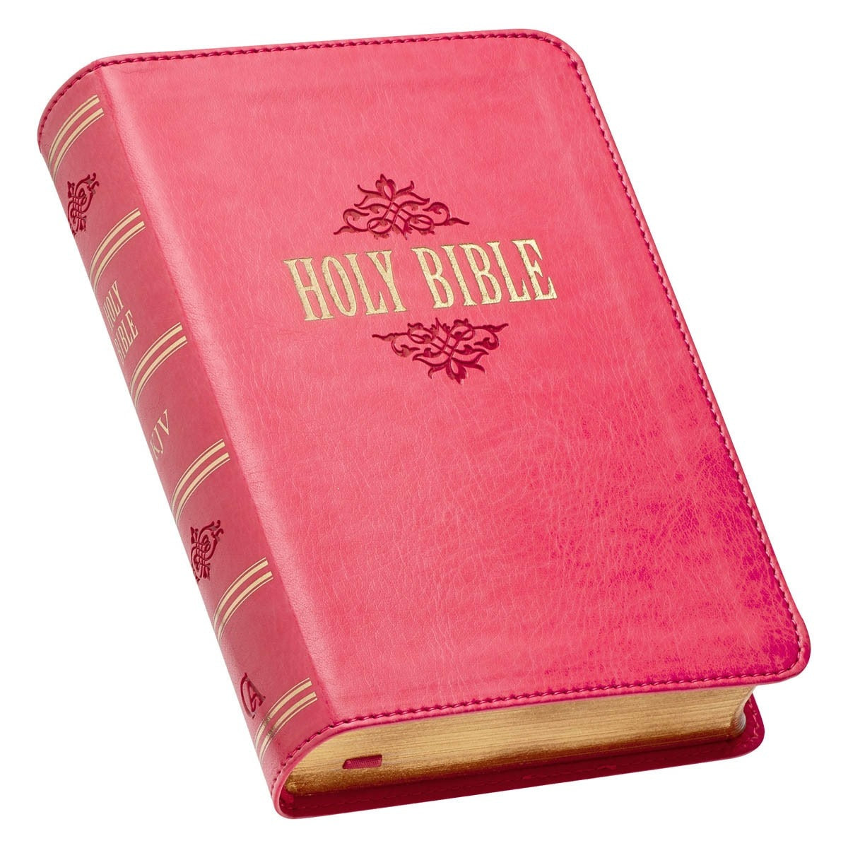 Compact Pink Faux Leather Large Print King James Version Bible with embossed decorative design and gold gilt edges