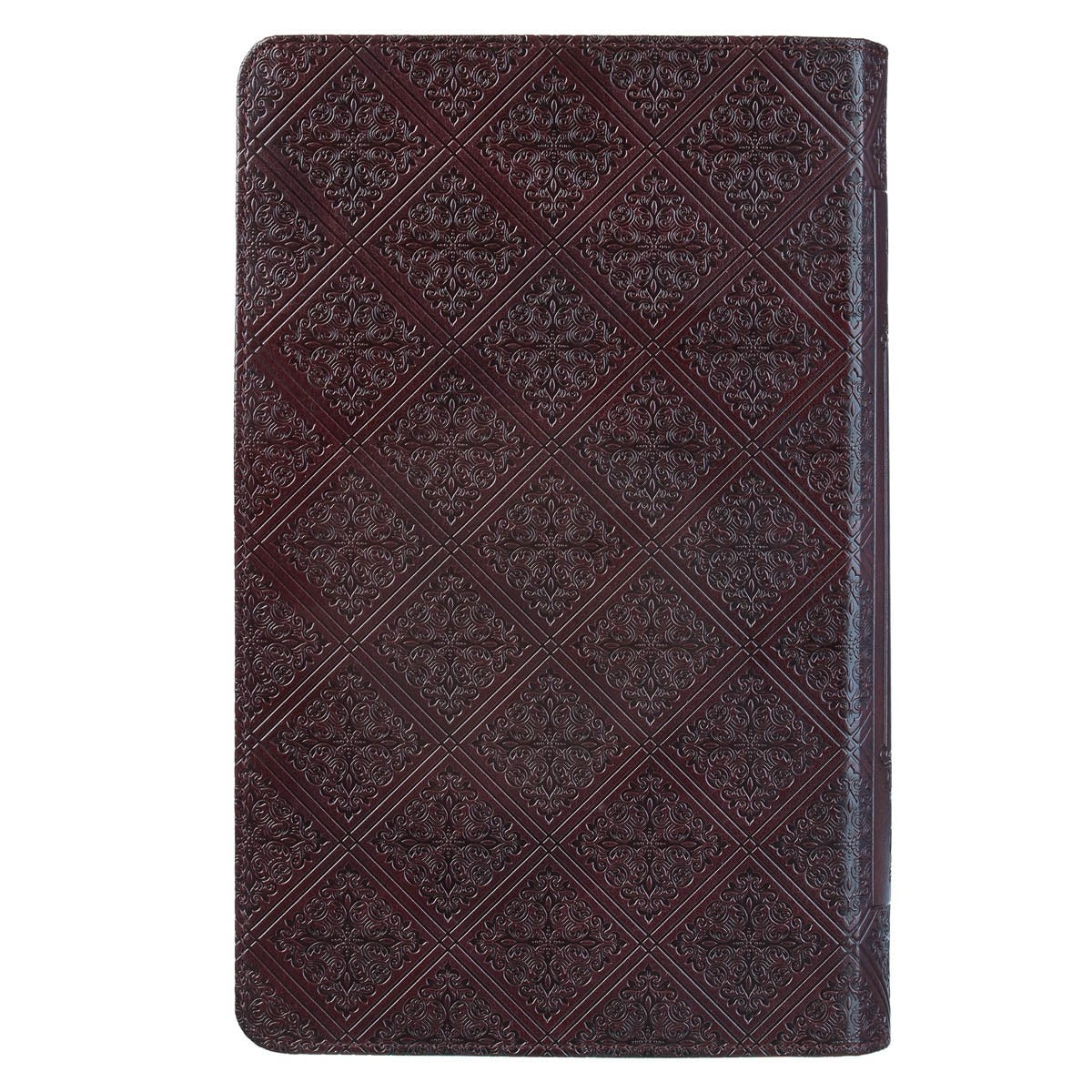 Dark brown faux leather King James Version Bible with giant print, standard size, featuring embossed diamond pattern cover and thumb index