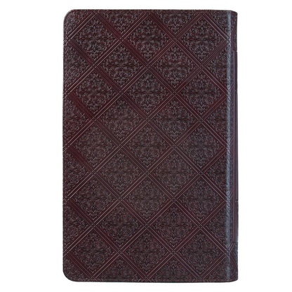 Dark brown faux leather King James Version Bible with giant print, standard size, featuring embossed diamond pattern cover and thumb index