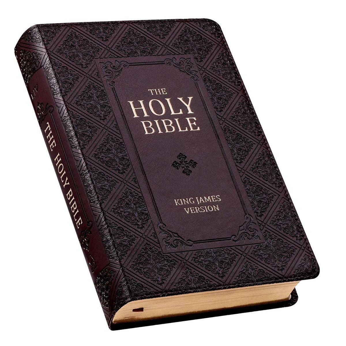Dark brown faux leather King James Version Bible with giant print, standard size, thumb index, and embossed decorative cover