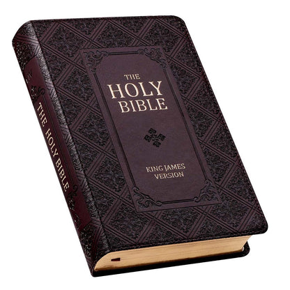 Dark brown faux leather King James Version Bible with giant print, standard size, thumb index, and embossed decorative cover