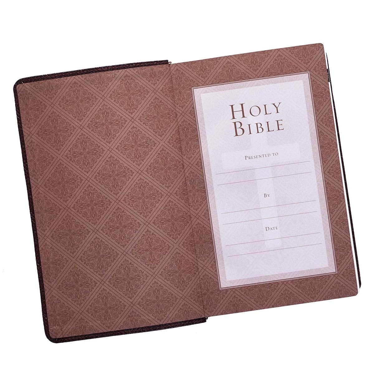 Open Dark Brown Faux Leather Giant Print Standard-size King James Version Bible showing presentation page with decorative border