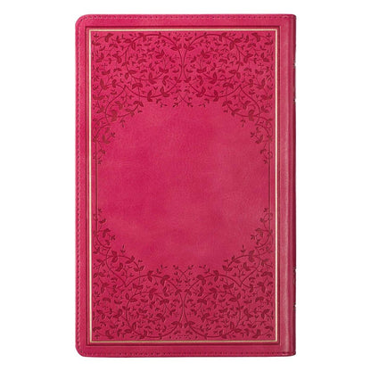 Pink faux leather King James Version deluxe gift Bible with embossed floral design and gold-foiled border on cover