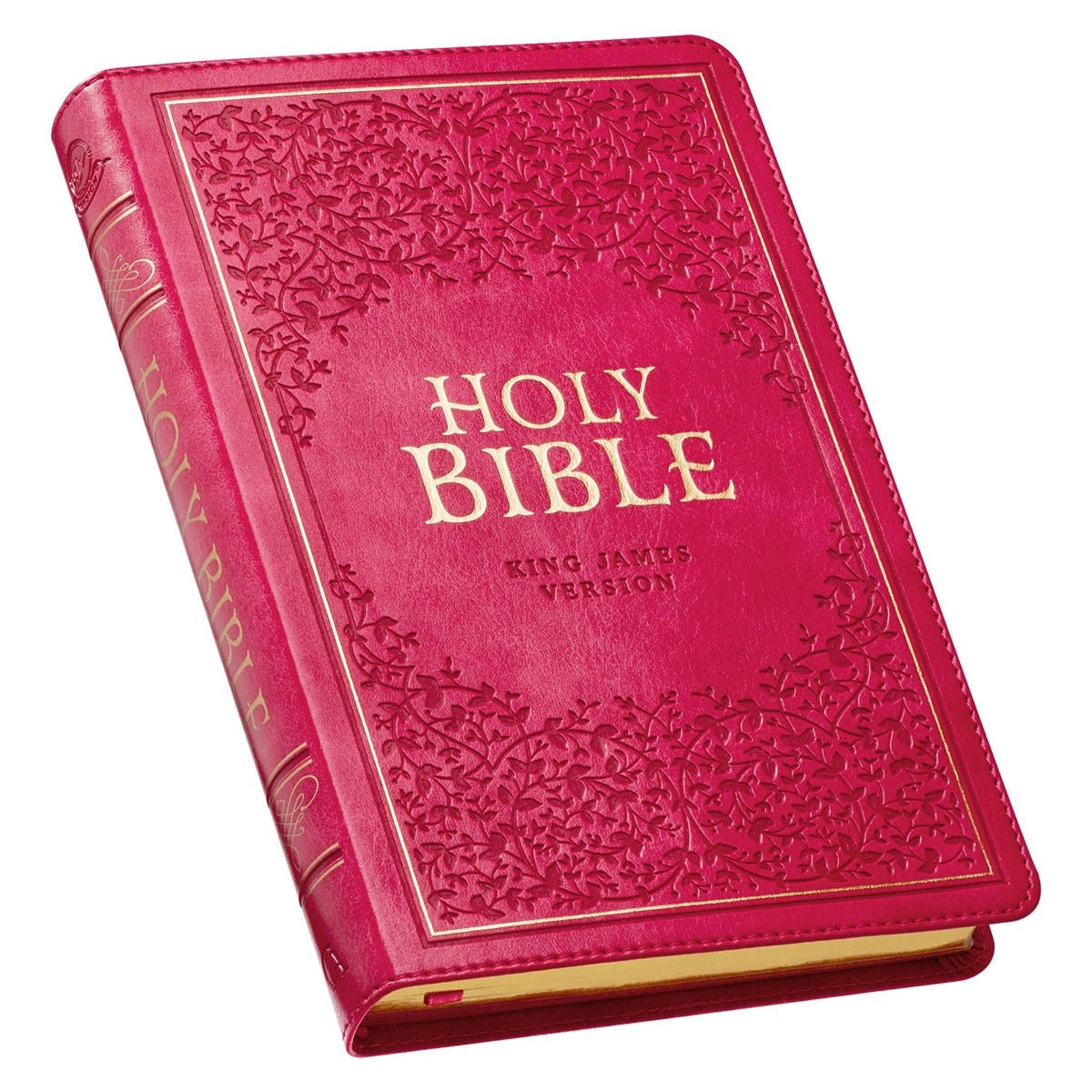 Pink faux leather King James Bible with gold-foiled title, embossed floral border, and deluxe thumb index feature