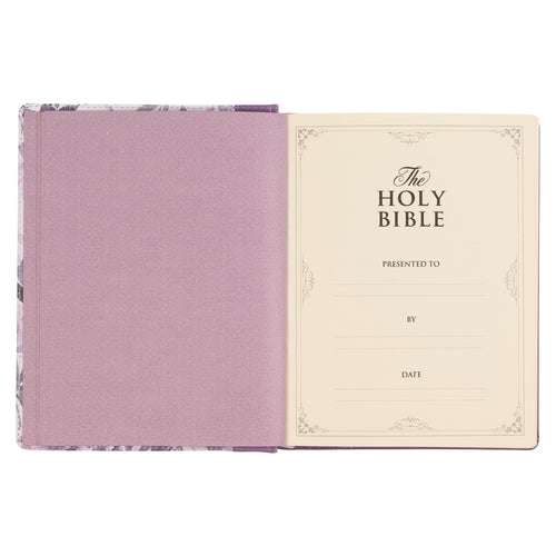 Open Purple Floral Faux Leather Hardcover Bible showing presentation page with decorative border and blank lines