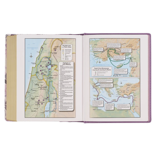 Open Purple Floral Faux Leather Hardcover Bible showing detailed maps of the Holy Land and Paul’s missionary journeys