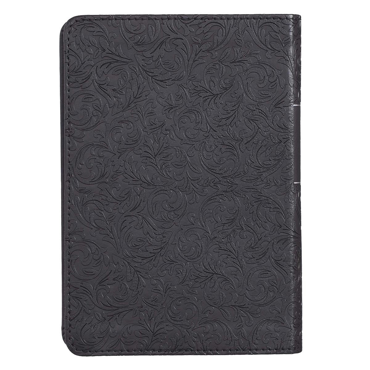 Black faux leather compact King James Version Bible with large easy-to-read print and embossed floral design cover