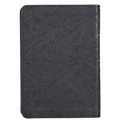 Black faux leather compact King James Version Bible with large easy-to-read print and embossed floral design cover