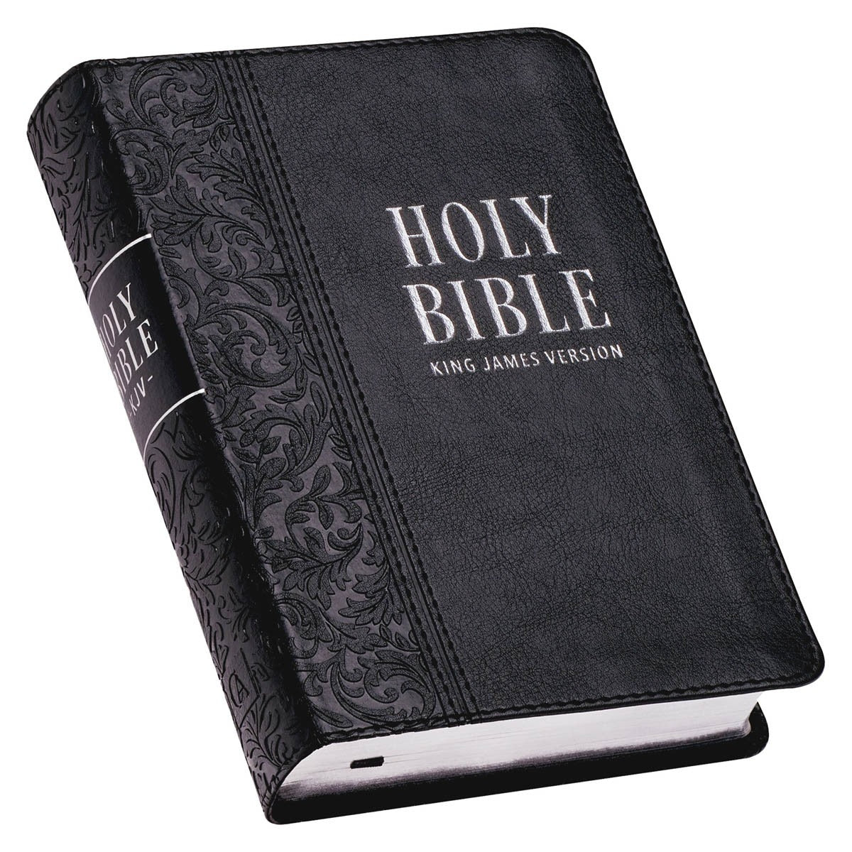 Black faux leather compact King James Version Bible with large easy-to-read print and decorative spine detailing