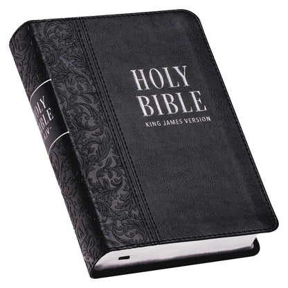 Black faux leather compact King James Version Bible with large easy-to-read print and decorative spine detailing