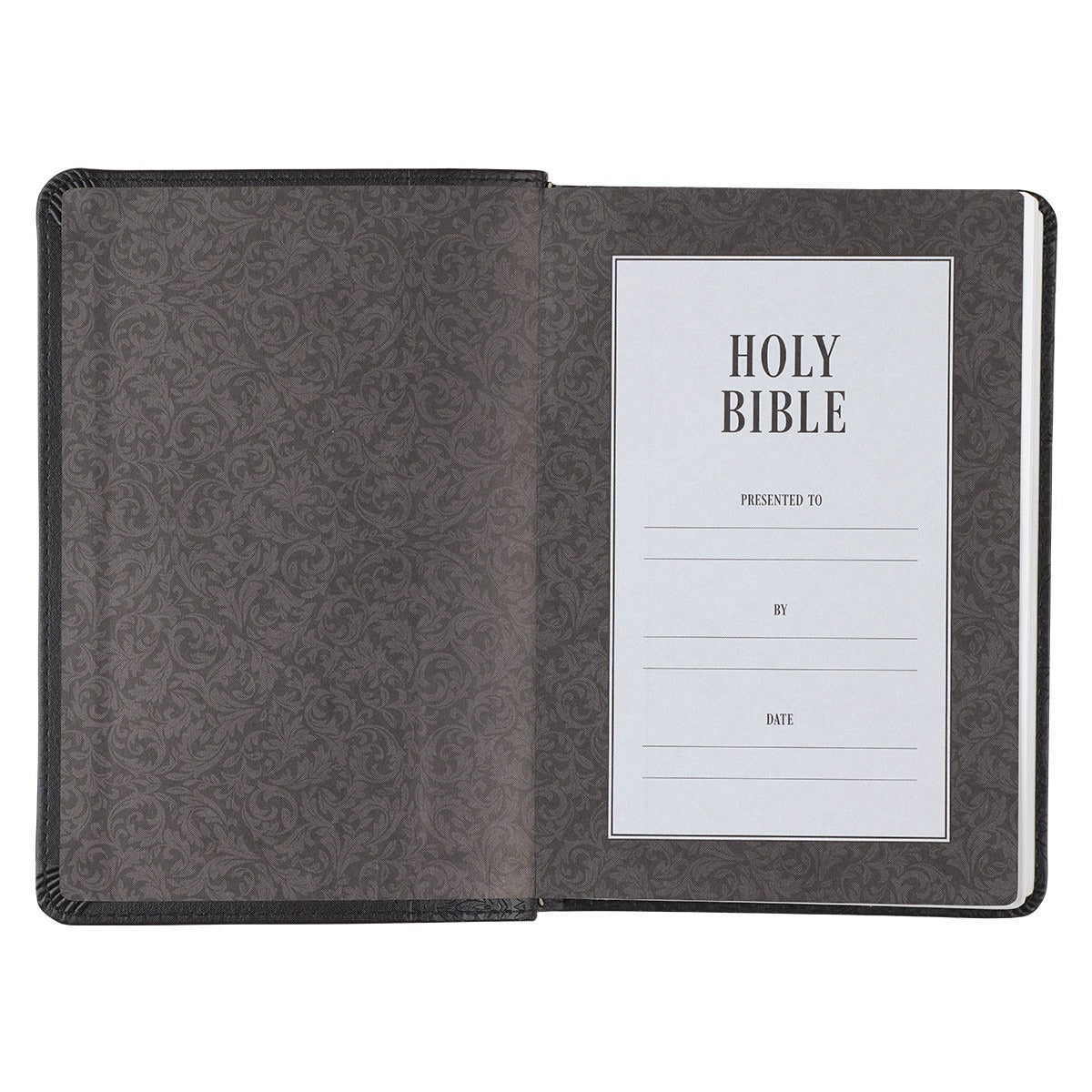 Compact Black Faux Leather King James Bible with large print, presentation page, and decorative inside cover lining