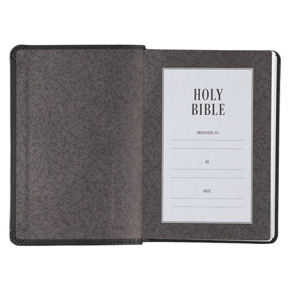 Compact Black Faux Leather King James Bible with large print, presentation page, and decorative inside cover lining
