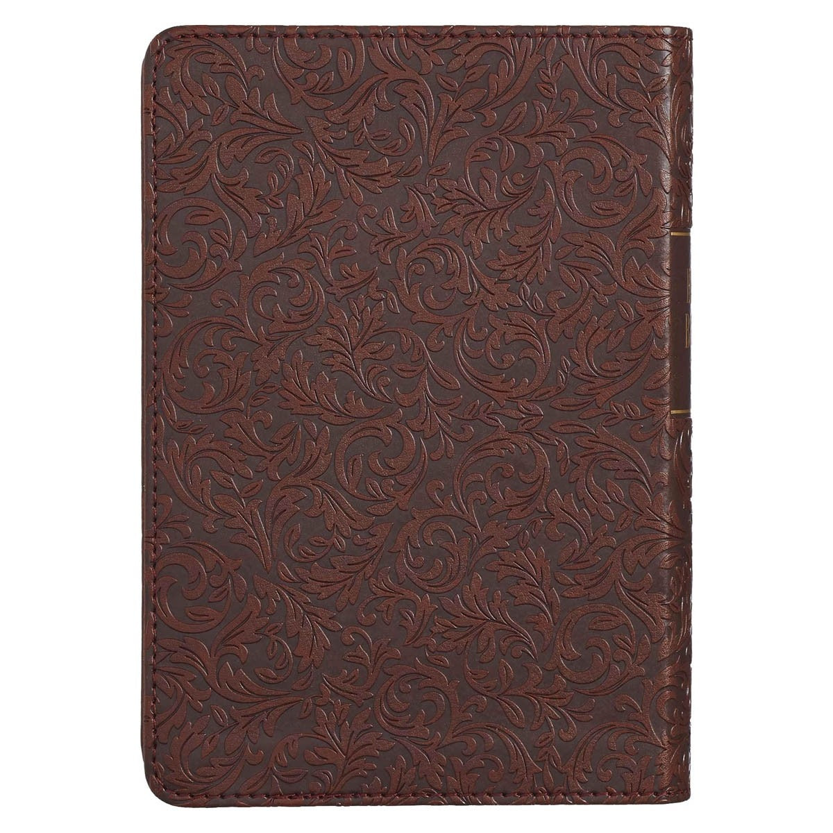 Medium brown faux leather compact King James Bible with large print and intricate embossed floral design cover