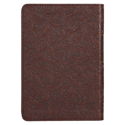 Medium brown faux leather compact King James Bible with large print and intricate embossed floral design cover