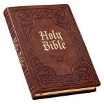 Antiqued brown faux leather King James Version Bible with large print and thumb index on angled white background