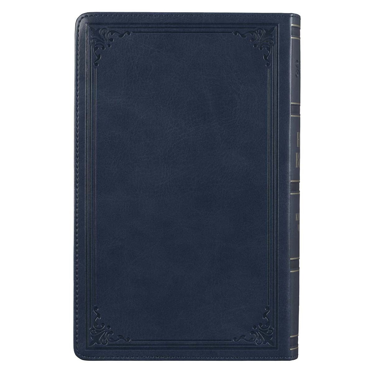 Dark blue faux leather King James Version Bible with embossed border design and stitched edges, giant print standard size
