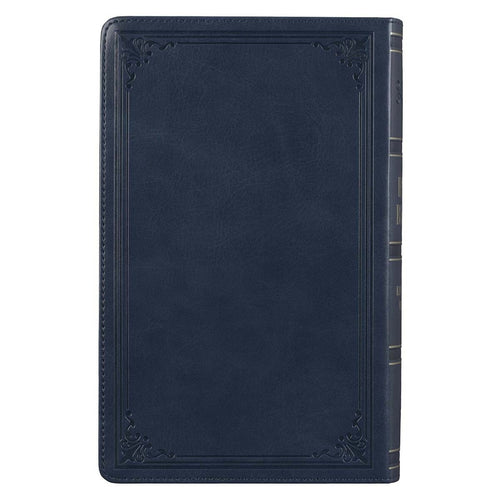 Dark blue faux leather King James Version Bible with embossed border design and stitched edges, giant print standard size