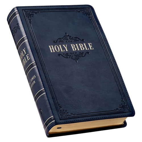 Dark blue faux leather King James Version Bible with giant print, thumb index, embossed cover, and gold edge pages