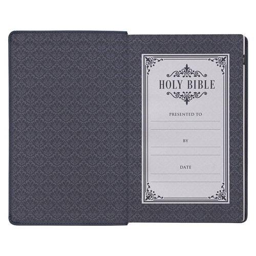 Dark blue faux leather King James Version Bible with giant print and presentation page inside front cover