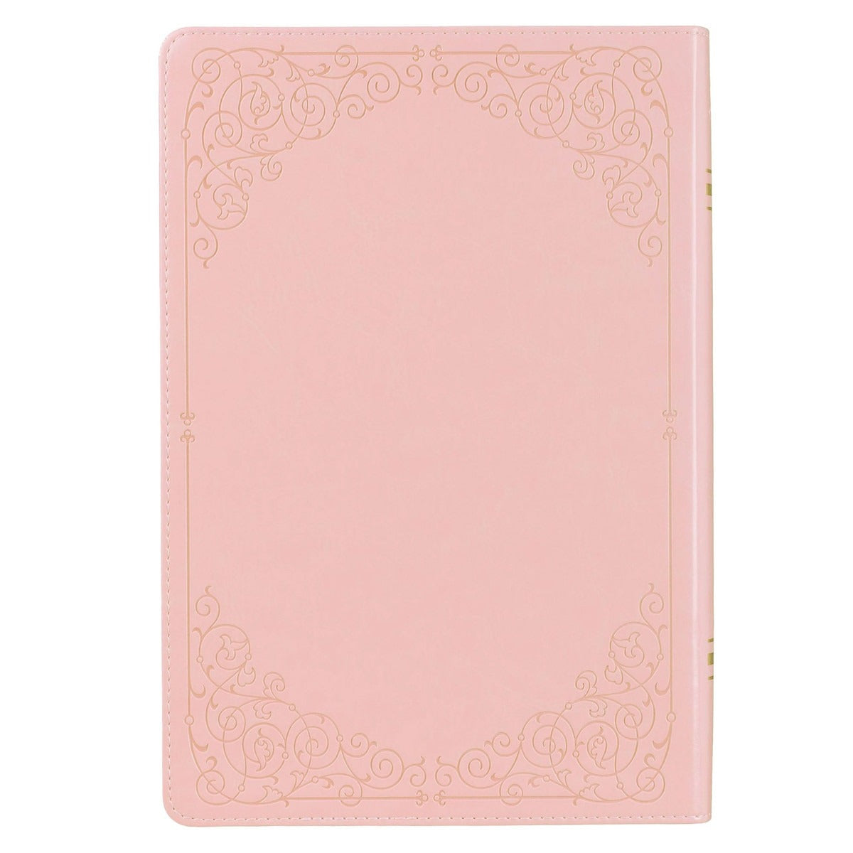 Pink faux leather full-size King James Version Bible with gold-foiled intricate corner scrollwork design on cover