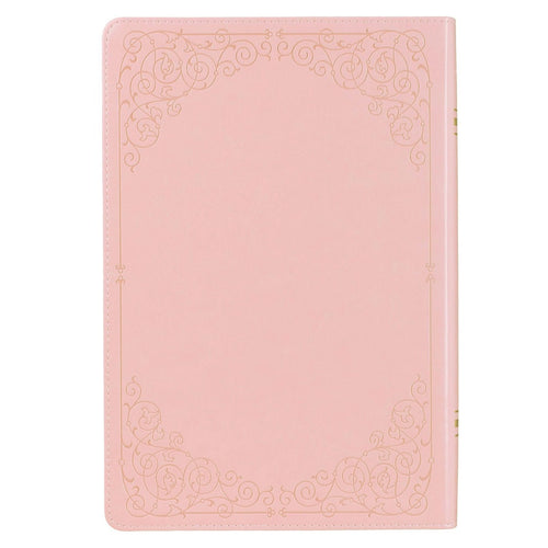 Pink faux leather full-size King James Version Bible with gold-foiled intricate corner scrollwork design on cover