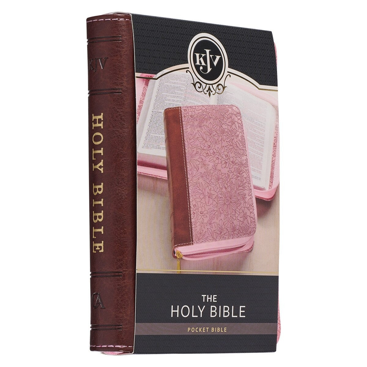 Pink and saddle tan faux leather mini King James Version pocket Bible with zippered closure in gift box packaging