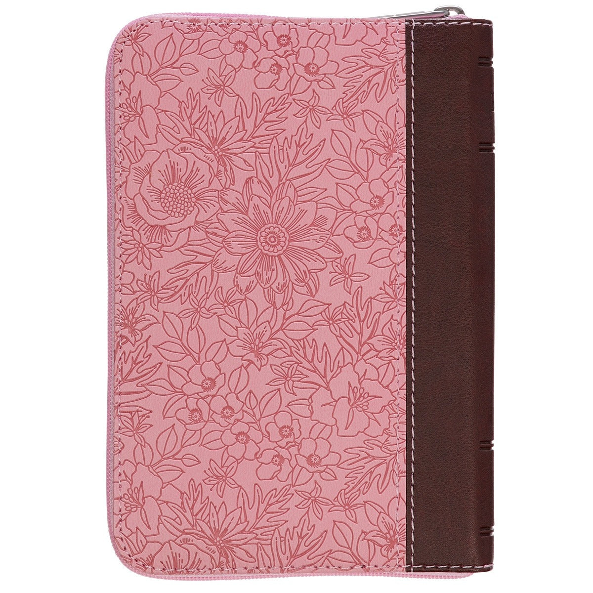 Pink and saddle tan faux leather mini King James Bible with floral embossed cover and zippered closure