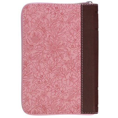 Pink and saddle tan faux leather mini King James Bible with floral embossed cover and zippered closure