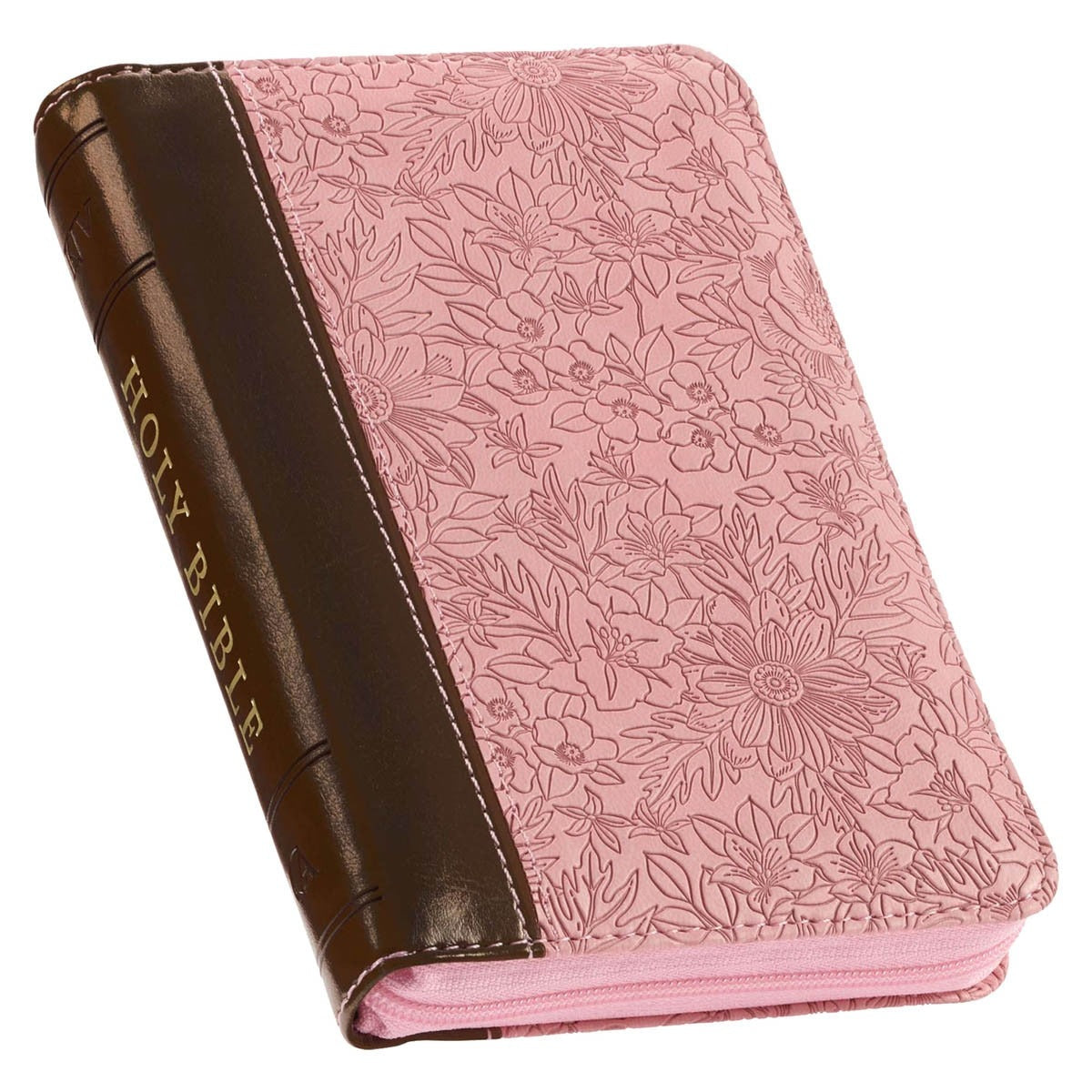 Pink and saddle tan faux leather compact King James Bible with floral embossed cover and zippered closure