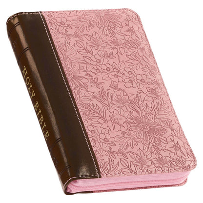 Pink and saddle tan faux leather compact King James Bible with floral embossed cover and zippered closure