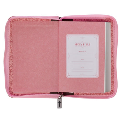 Pink and saddle tan faux leather mini King James Bible with zippered closure and delicate floral interior lining