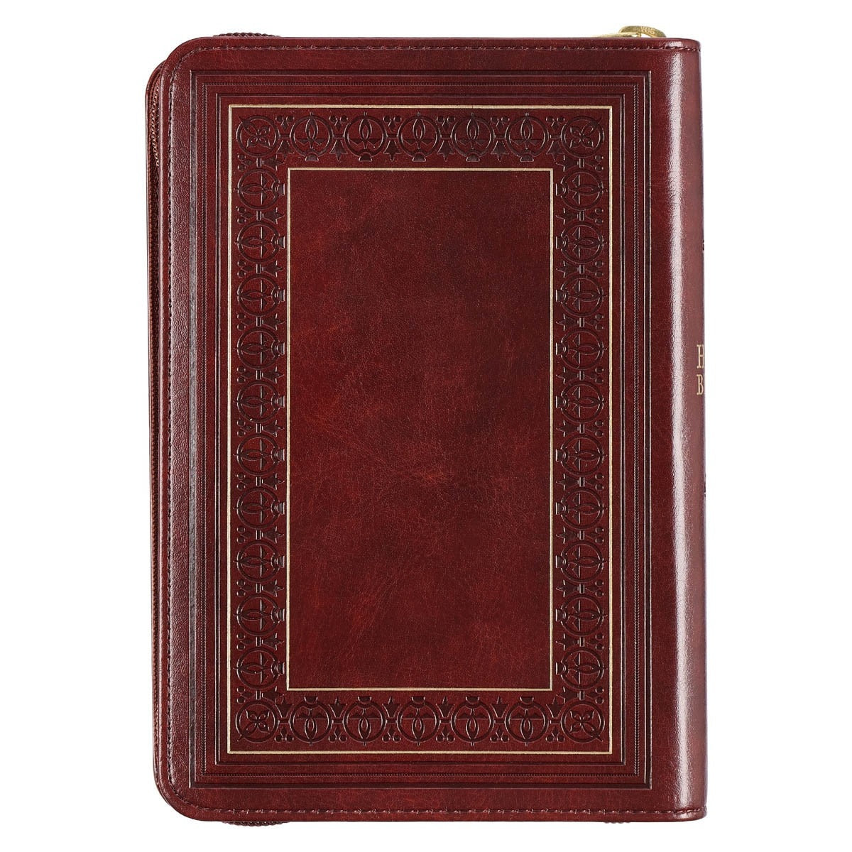 Framed burgundy faux leather compact King James Bible with large print and zippered closure, detailed embossed border