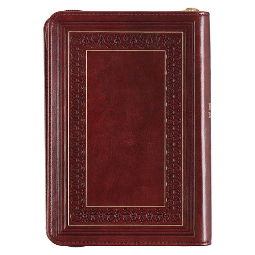 Framed burgundy faux leather compact King James Bible with large print and zippered closure, detailed embossed border