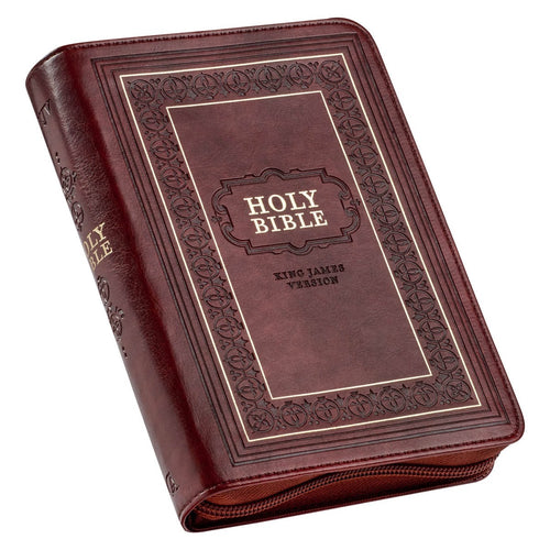 Framed burgundy faux leather compact King James Version Bible with large print and zippered closure