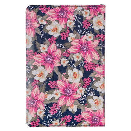 Floral blue faux leather King James Version deluxe gift Bible with pink and white flowers and zippered closure