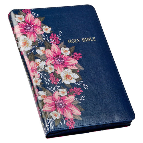 Floral blue faux leather King James Version Deluxe Gift Bible with gold foil text and zippered closure