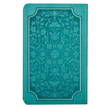 Teal faux leather King James Bible with giant print, thumb index, and embossed floral decorative cover design