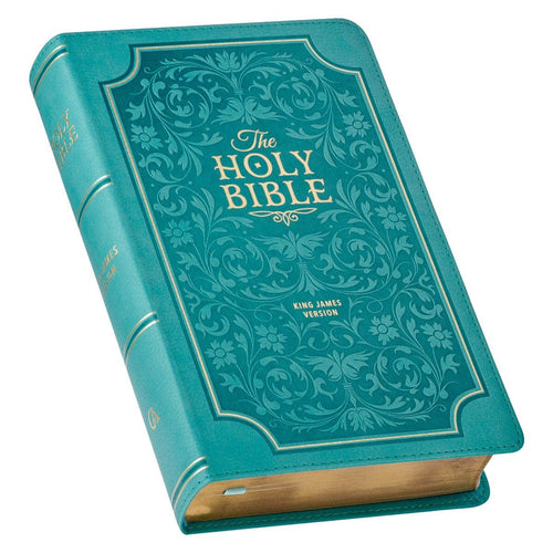 Teal faux leather King James Version Bible with gold foil lettering, ornate cover design, gilt edges, and thumb index tabs
