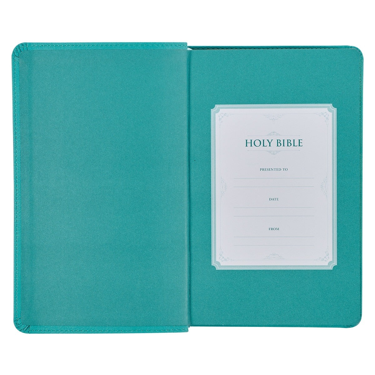 Teal faux leather King James Version Bible with giant print, standard size, thumb index, and presentation page inside cover