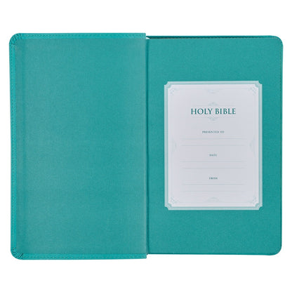 Teal faux leather King James Version Bible with giant print, standard size, thumb index, and presentation page inside cover