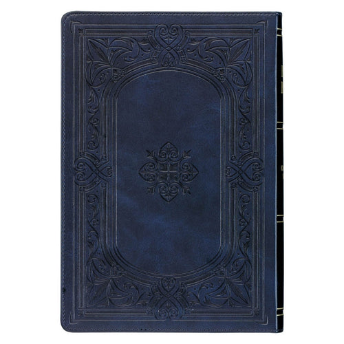 New Midnight Blue faux leather cover Bible with Art Nouveau embossed frame design and thumb index on spine