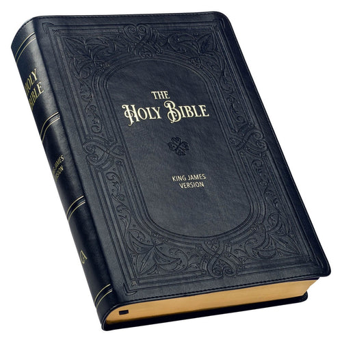 New midnight blue faux leather full-size King James Version Bible with embossed Art Nouveau frame and thumb index edges