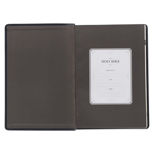 Open New Midnight Blue Art Nouveau faux leather Bible showing presentation page with decorative border and blank fields