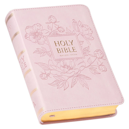 Compact Ballet Pink King James Version Bible with large print, gold-edged pages, and floral embossed cover design