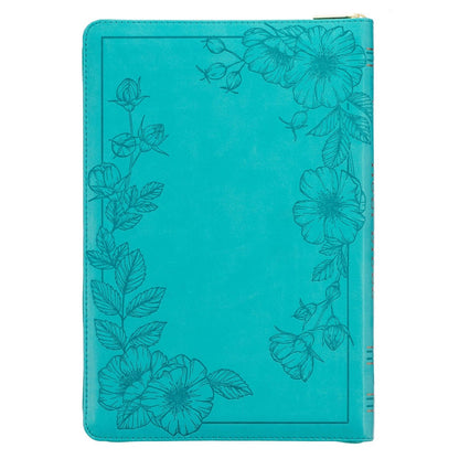 Vibrant teal faux leather thinline Bible with floral embossing, zippered closure, thumb index, and large print pages