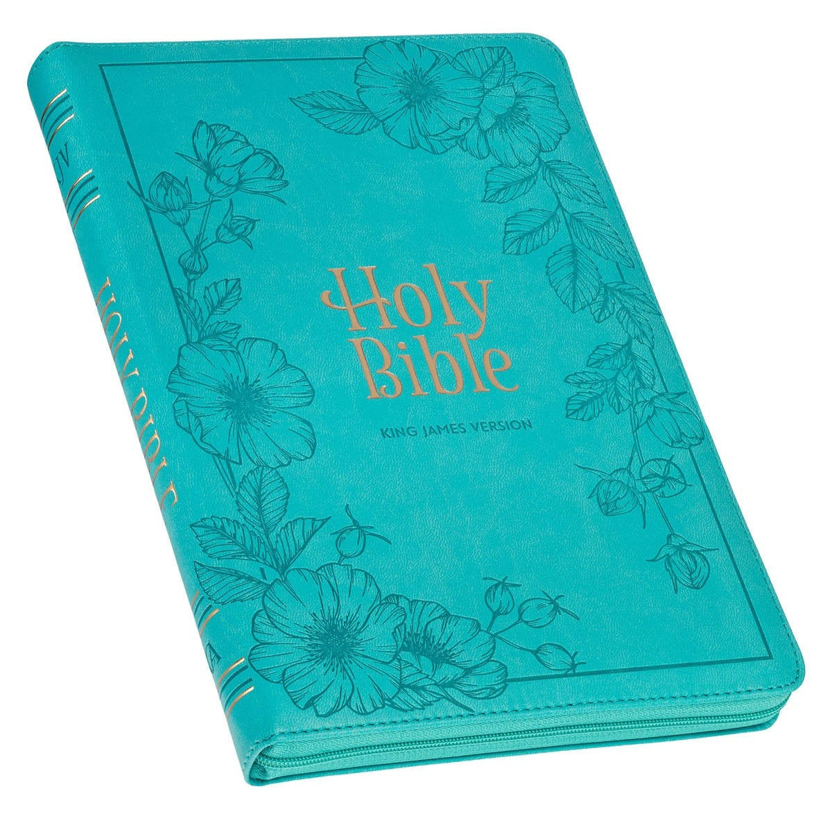 Vibrant teal faux leather King James Version Bible with large print, floral embossed design, zippered closure, and thumb index