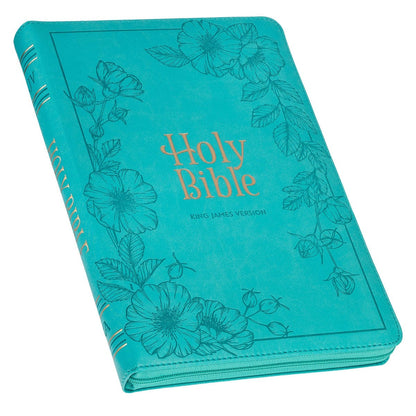 Vibrant teal faux leather King James Version Bible with large print, floral embossed design, zippered closure, and thumb index