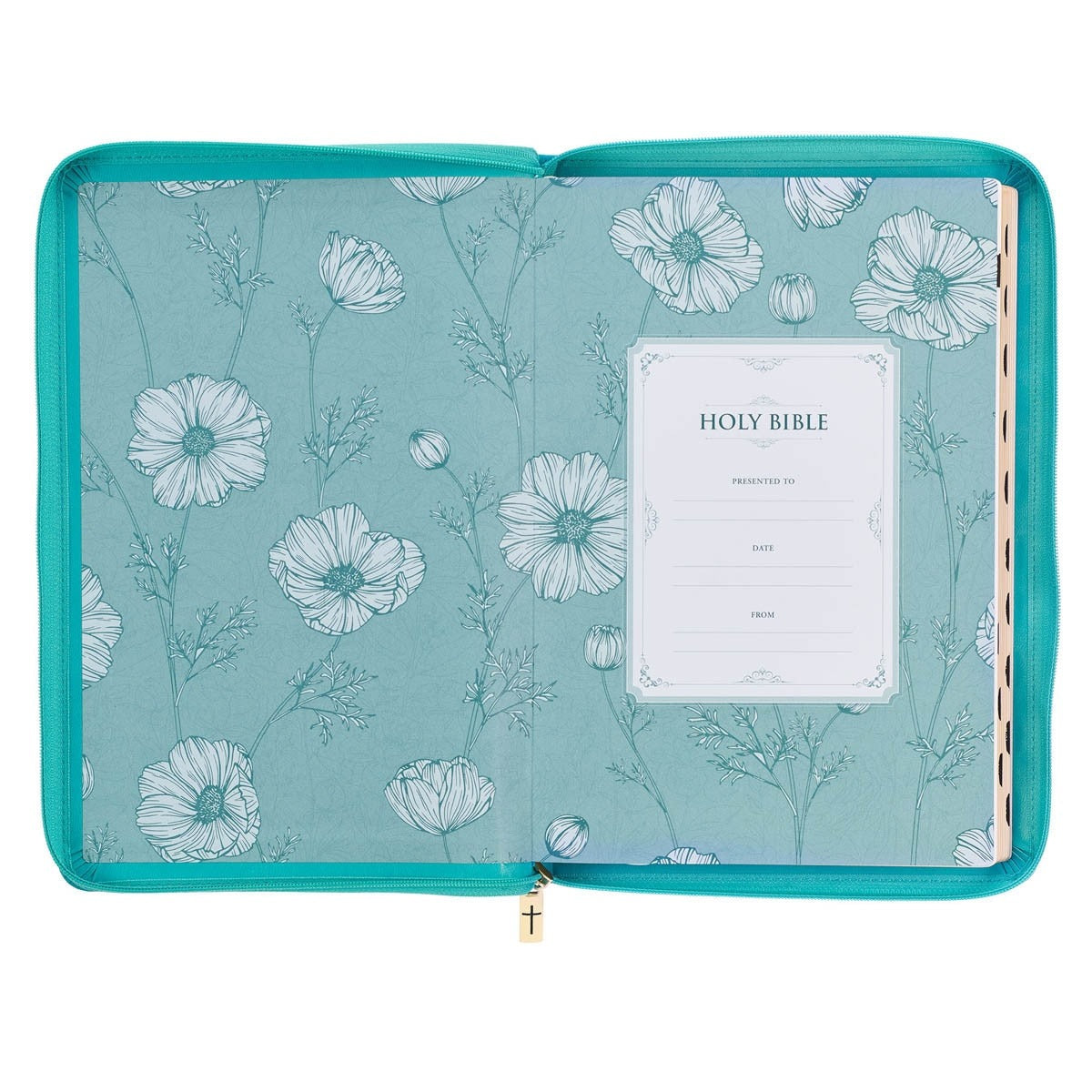 Vibrant teal faux leather thinline King James Bible with floral endpapers, zippered closure, and thumb index tabs