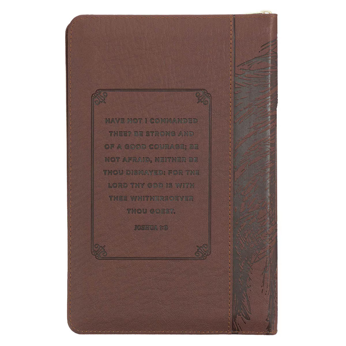 Walnut brown faux leather King James Version deluxe gift Bible with thumb index, lion silhouette, and zippered closure